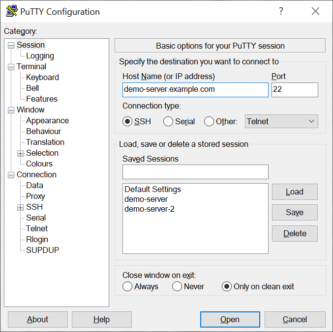 PuTTY Configuration Window