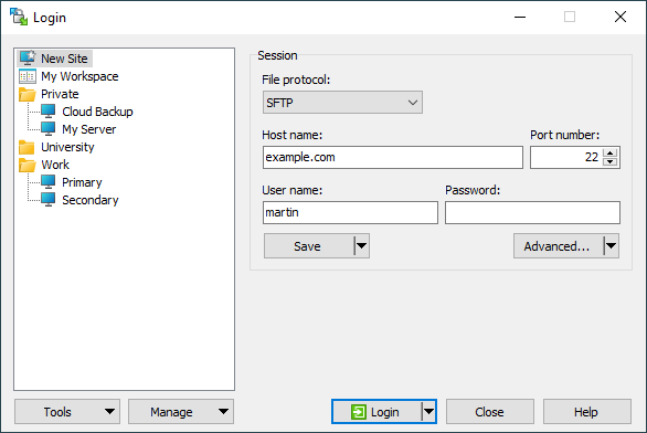 WinSCP login screen
